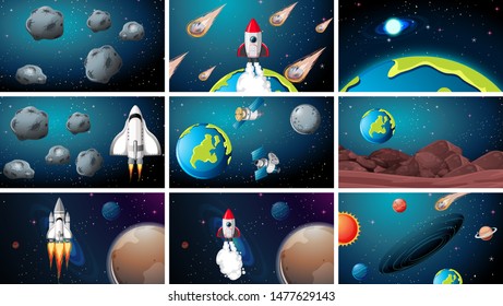 Set of various space scenes illustration