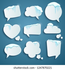 Set of various speech bubbles decorated with realistic snow and icicles. Design template for merry christmas. Vector illustration.