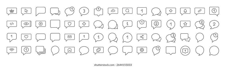 Conjunto de vários ícones de linha relacionados a bolhas de fala. Outline Signs para Gráficos e Web Design, Apps, Anúncios, Vários Cartões 