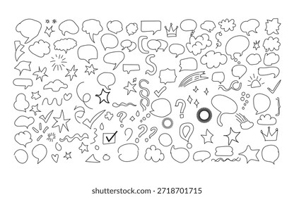 Conjunto de varias burbujas de discurso, estrellas, nubes, signos de interrogación y otros Elementos de doodle