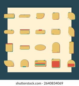 Set of various speech bubbles and text boxes in different shapes and colors, ideal for use in graphic design projects or website layouts.  The design style is retro and vintage, using pastel colors.