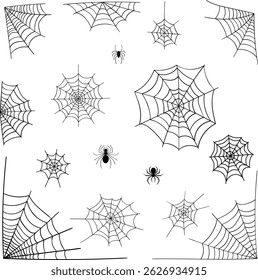 Conjunto de várias teias de aranha. Padrões de malha preta com ornamento de festa de Halloween. Armadilha pegajosa de linhas vetoriais perigosas entrelaçadas.