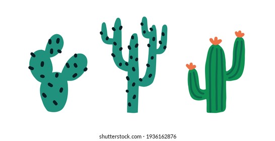 Set of various spiny desert plants or cactuses with thorns. Exotic cacti with spines and blossomed flowers. Colored flat simple vector illustration isolated on white background