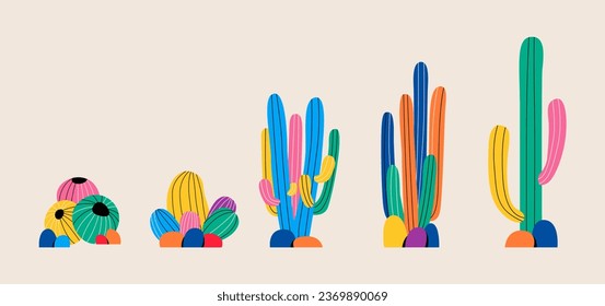 Set of various spiny desert plants or cactuses with thorns. Colorful vector illustration
