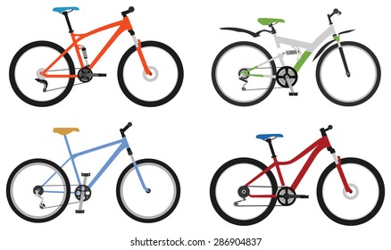 Set of various sport, city and electric bicycles