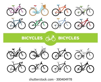 Set of various sport, city and electric bicycles