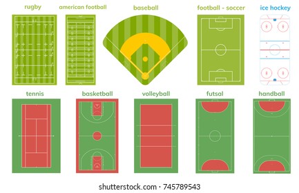 Set of various sport field and court. Handball, basketball, volleyball, ice hockey, tennis, soccer, football, american football, rugby, baseball, futsal playgrounds. Sport  outdoor background.