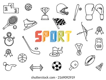 A set of various sports equipment as a background, in the middle of the set is written the word "Sport".