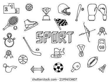 A set of various sports equipment as a background, in the middle of the set is written the word "Sport". Hand Drawn. Freehand drawing. Sketch.	