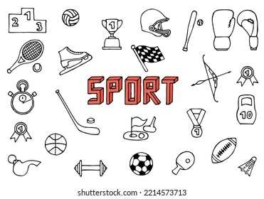 A set of various sports equipment as a background, in the middle of the set is written the word "Sport". Hand Drawn. Freehand drawing. Sketch.	