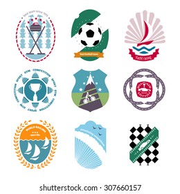 Set of various sports, fitness, yacht racing, car racing, parachuting competitions, cycling races, logo emblem graphics and icons. Sport vector logotype.