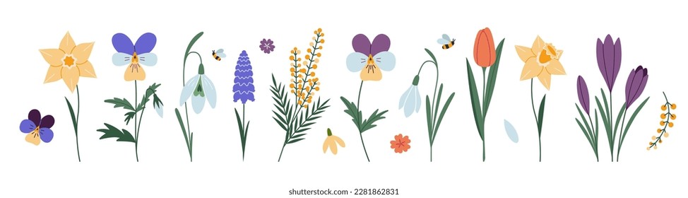 Montaje de varias flores primaverales, estilo caricatura. Ilustración vectorial moderna de moda aislada en fondo blanco, dibujado a mano, diseño plano.