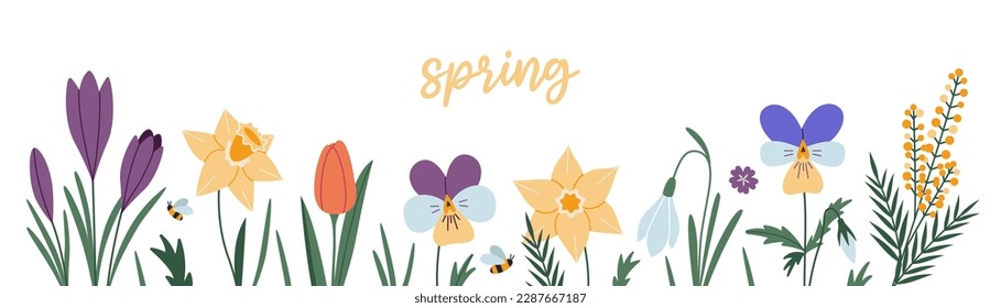 Set of various spring flowers, floral border, cartoon style. Trendy modern vector illustration isolated on white background, hand drawn, flat design.