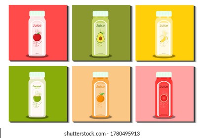 Set of various square juice bottle. Apple, Avocado, Banana, Coconut, Orange, Watermelon. Juice Bottle Collection. Flat design. Vector Illustration.