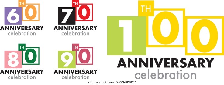 conjunto de várias formas quadradas número 60 70 80 90 100 com palavras ANIVERSÁRIO de anos celebração na parte inferior sobre fundo branco.