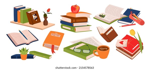 Set of various stack books and publications. Novels on shelf, school and leisure time literacy, engaging poetry, studying materials and information, fairy tales stories vector illustration