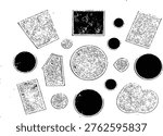 Set of various stamp shapes including circles and rectangles with heavy grain texture for design projects.