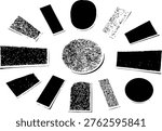 Set of various stamp shapes including circles and rectangles with heavy grain texture for design projects.