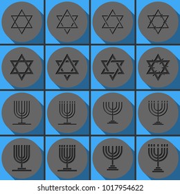 Set of various Star of David and menorah outline vector icons. Round papercut pictogram with 3d effect.