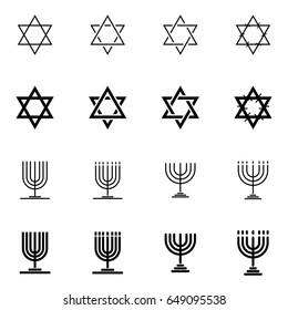 Set of various Star of David and menorah outline vector icons.