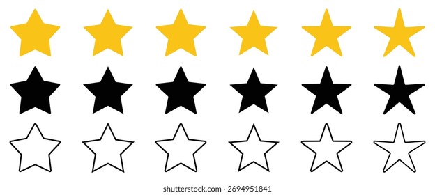 Conjunto de varias Formas de estrellas para sistemas de clasificación y Comentarios. Incluye estilos rellenos, negros y delineados. Ideal para calificación de App, iconos de revisión y diseño de interfaz.