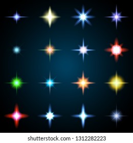 Set of various starry flare elements. Vector illustration with light effects for graphic design.
