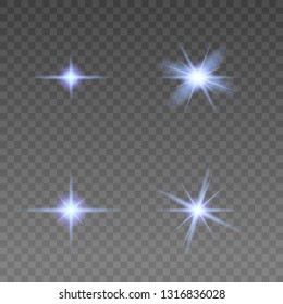 Set of various starry flare elements. Vector illustration with light effects for graphic design on transparent background