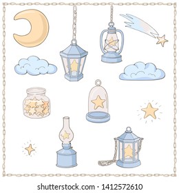 Set of various stars in lanterns, clouds and the moon. Decor elements for gift card and kids products. Vector illustration. Pastel blue and yellow сolors.