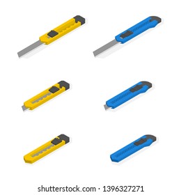 Set of various stationery knives isolated on white background. Flat 3d isometric style, vector illustration.