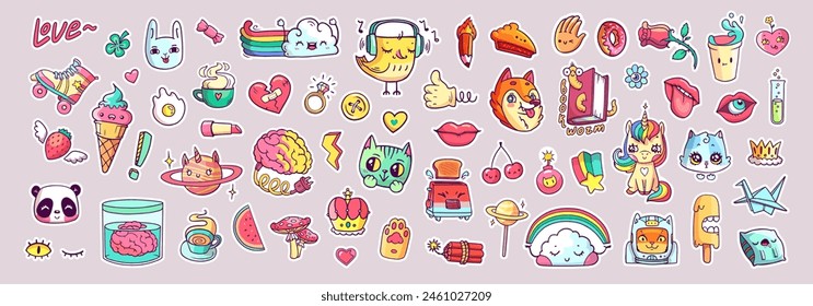 Set of various stickers with animals, characters, food, objects and more. Vector trendy retro cartoon elements for stickers, patches or pins in Y2K style