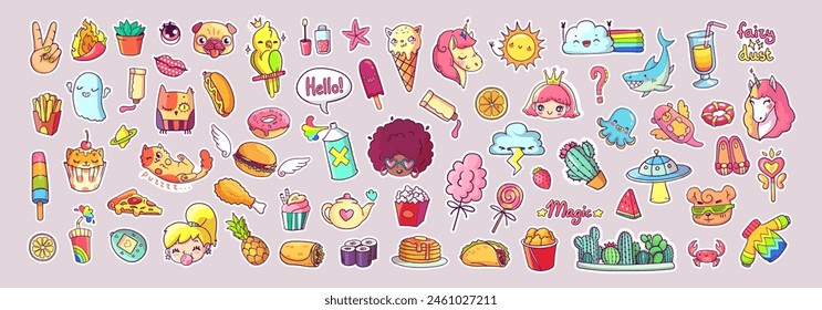 Conjunto de varias pegatinas con animales, personajes, comida, objetos y más. Vector de moda retro Elementos de dibujos animados para pegatinas, parches o pines en estilo Y2K