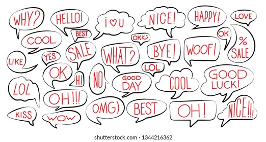 Set Of Various Stickers Of Black Line Speech Bubbles With Red Text. Comic Speech Bubble And Dialogue. Vector Illustration. Isolated On White Background.