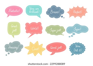 Set of various stickers, speech clouds Job and Great job. School award, encouragement stamp. Student icons in cartoon style, stickers, vector