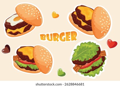 set of various stickers for World Burger Day, namely with various burgers with various ingredients and various inscriptions