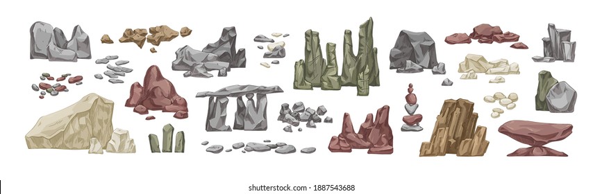 Set of various stone and rock hand drawn vector illustration in realistic style. Bundle of detailed big and small heavy stones isolated. Different boulders and cobblestones smooth or polygonal shapes