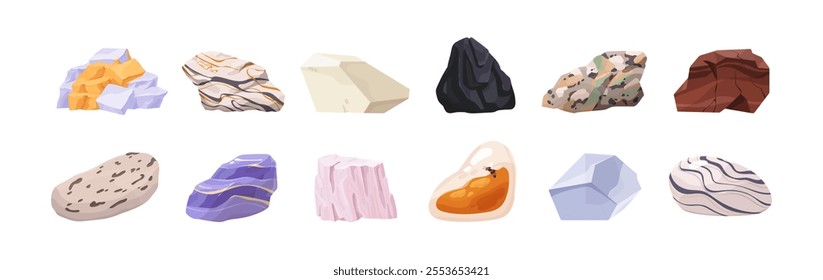 Set of various stones, gemstones. Patterned rocks, minerals, gems, fossils with different shapes. Smooth and rough amber, granite, marble, calcite, coal. Flat isolated vector illustrations on white