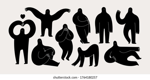 Set of various strange creatures or people or persons with long arms and small heads. Cute disproportionate isolated characters in different poses. Black abstract Vector set. Hand drawn illustration 