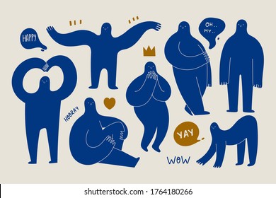 Set of various strange creatures or people or persons with long arms and small heads. Cute disproportionate isolated characters in different poses. Blue abstract Vector set. Hand drawn illustration 