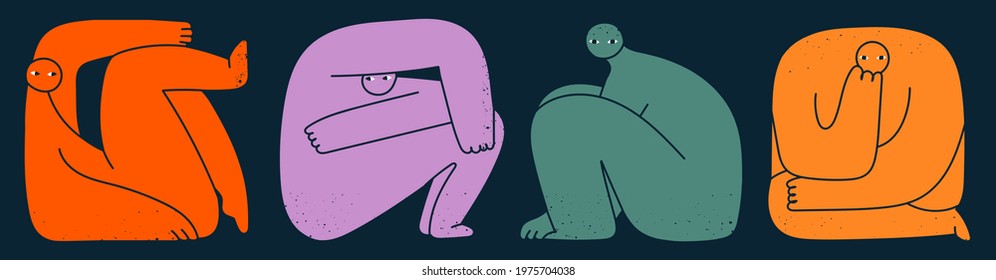 Set of various strange creatures or people or persons with long arms and small heads. Cute disproportionate isolated characters inscribed in cramped room. Hand drawn Vector illustration