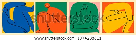 Set of various strange creatures or people or persons with long arms and small heads. Cute disproportionate isolated characters inscribed in squares in different poses. Hand drawn Vector illustration 