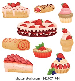 Set of various strawberry pies. Vector illustration on white background.