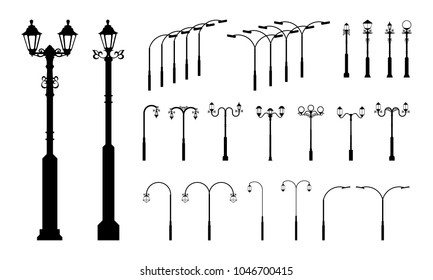 set of Various Street Pole Lamp and Garden Lamp silhouette vector