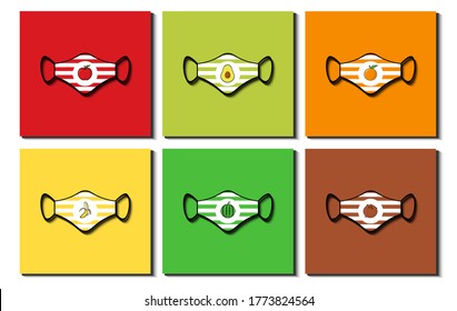 Set mit verschiedenen Masken aus Streifen. Unterschiedliches Fruchtmuster. Apfel, Avocado, Banana, Kokosnuss, Orange, Watermelon. Kollektion Maul-Maske. Flaches Design. Vektorgrafik.