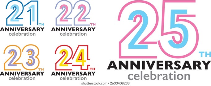 set of various stroke color number 21 22 23 24 25 with words TH ANNIVERSARY celebration in the bottom on white background.