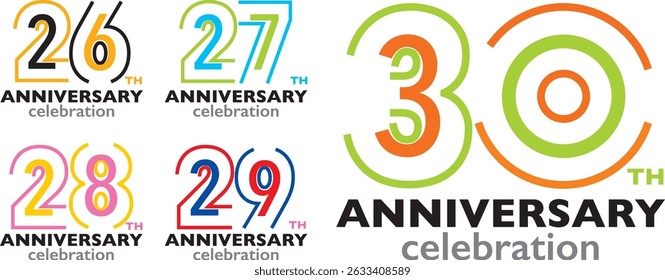 set of various stroke color number 26 27 28 29 30 with words TH ANNIVERSARY celebration in the bottom on white background.