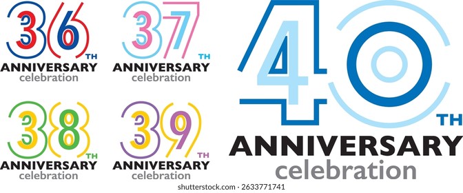 conjunto de várias cores de traço número 36 37 38 39 40 com palavras TH celebração do ANIVERSÁRIO na parte inferior sobre fundo branco.