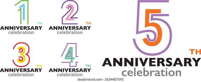 set of various stroke color number 1 2 3 4 5 with words TH ANNIVERSARY celebration in the bottom on white background.