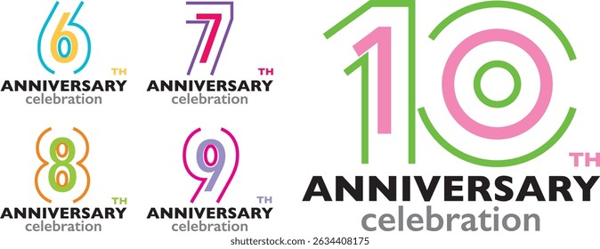 set of various stroke color number 6 7 8 9 10 with words TH ANNIVERSARY celebration in the bottom on white background.
