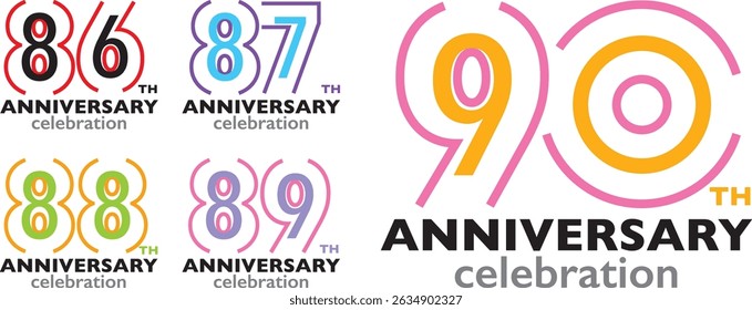 conjunto de várias cores de traço número 86 87 88 89 90 com palavras TH celebração do ANIVERSÁRIO na parte inferior sobre fundo branco.