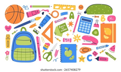 Conjunto de diversos útiles escolares de estudio. Regreso a la escuela. Ilustración vectorial dibujada a mano.